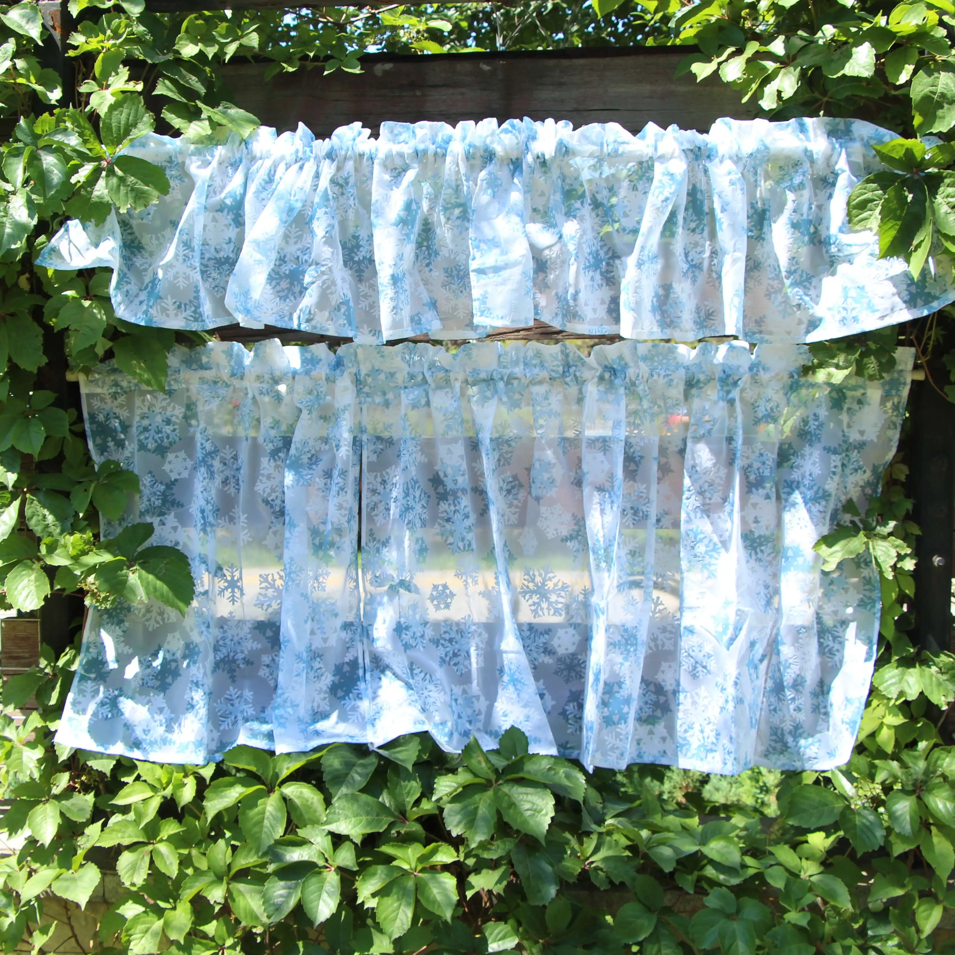 

1 pcs Pastoral American country blue flocking snowflake curtain head door lintel curtain curtain half curtain cabinet curtain