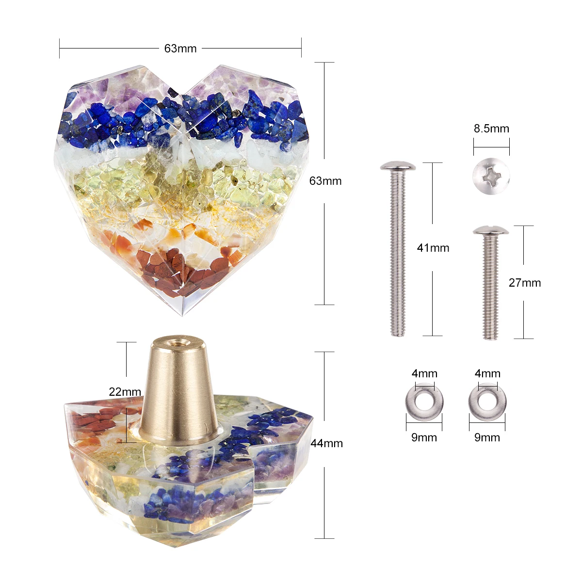 7 Chakra Drawer Knobs With Screws Heart Shape Resin Crystal Stone Pulls Handles For Dresser Cupboard Kitchen Wardrobe Hardware