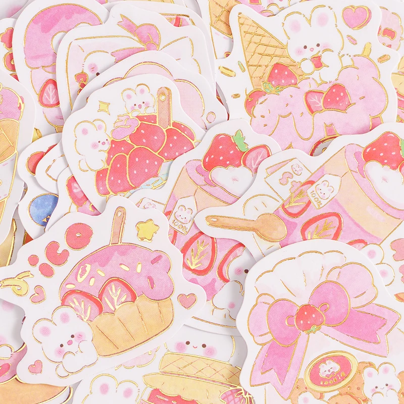 

46 sheets/set kawaii Pink Bunny Stickers Cute Rabbit Gold Cartoon Strawberry Sticker Aesthetic for Girls School Stationery