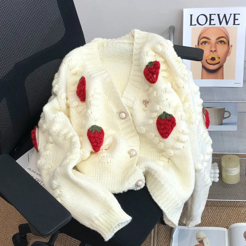 

Strawberry Embroidery Cardigan Women Sweet Cropped Sweaters Gentle Knitted Retro Korean Style Fashion Outwear V-neck Feminine