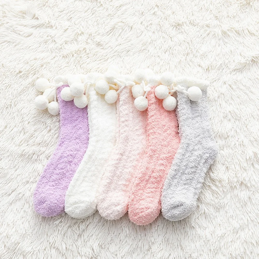 5 Pairs New Solid Color Hair Ball Coral Fleece Women Socks Warm Mid-tube Pink Furry Home Floor Sleepping Socks