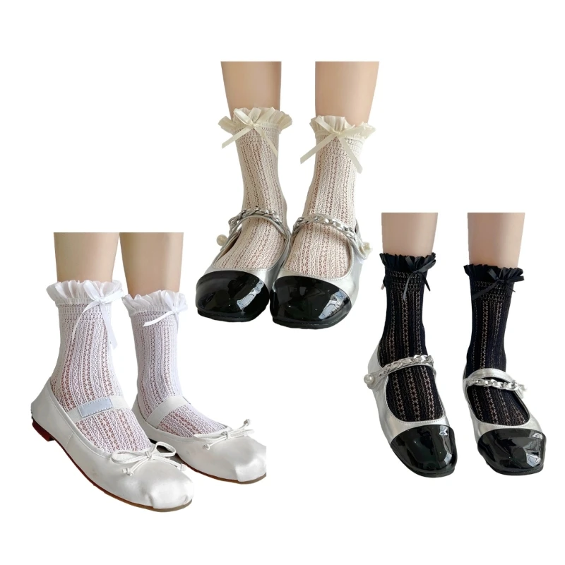 

L93F Women Lolitas Socks Sweet Bowknot Ankle Socks Ruffled Over Calf Socks