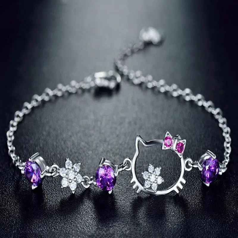 

Sanrios Hello Kitty Diamond Bracelet Cartoon Anime Cute Fairy Style Sparkling Silver Jewelry Y2K Spicy Girl Friend Birthday Gift