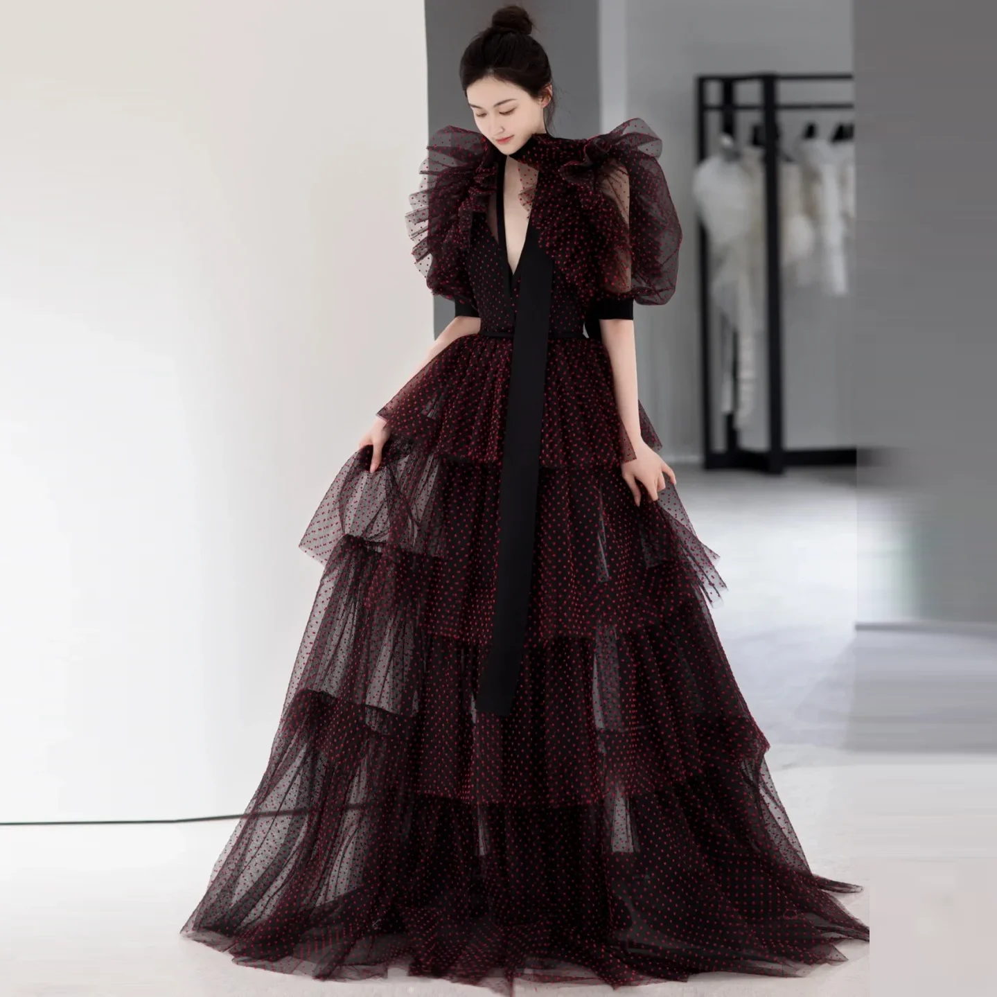 Бордовое черное Тюлевое платье в горошек ТРАПЕЦИЕВИДНОЕ изготовленное на заказ