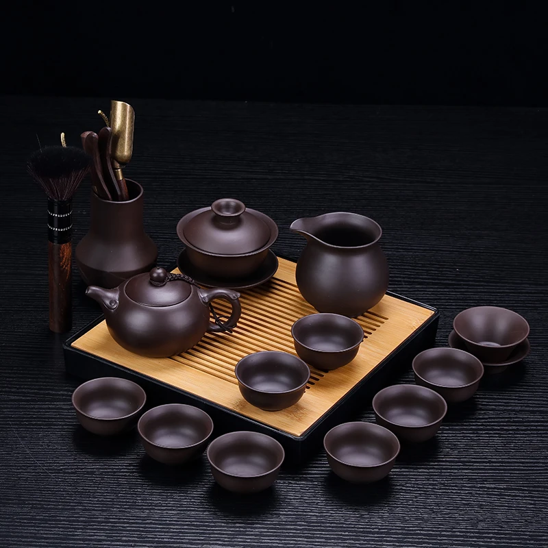 

Чайный набор из фиолетовой глины в китайском стиле из исинской глины, домашний минималистичный семейный чайный набор с подносом и фильтром, Набор чашек, кухонные принадлежности