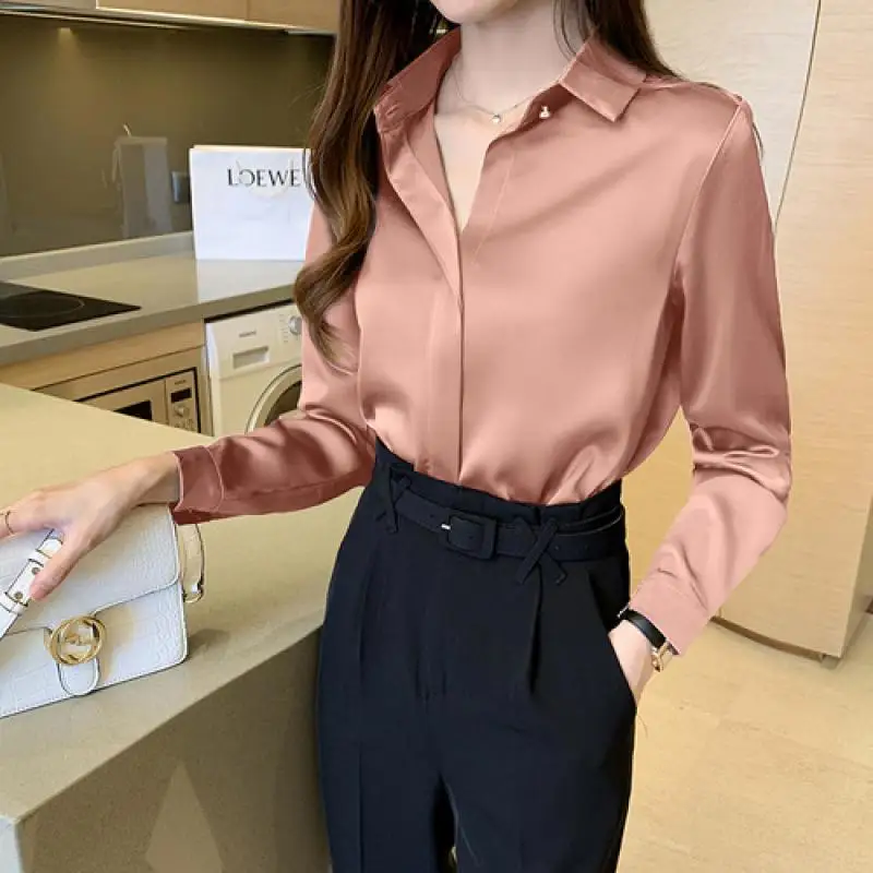 Fashion Women's Silk Shirts Solid Long Sleeve Blouses