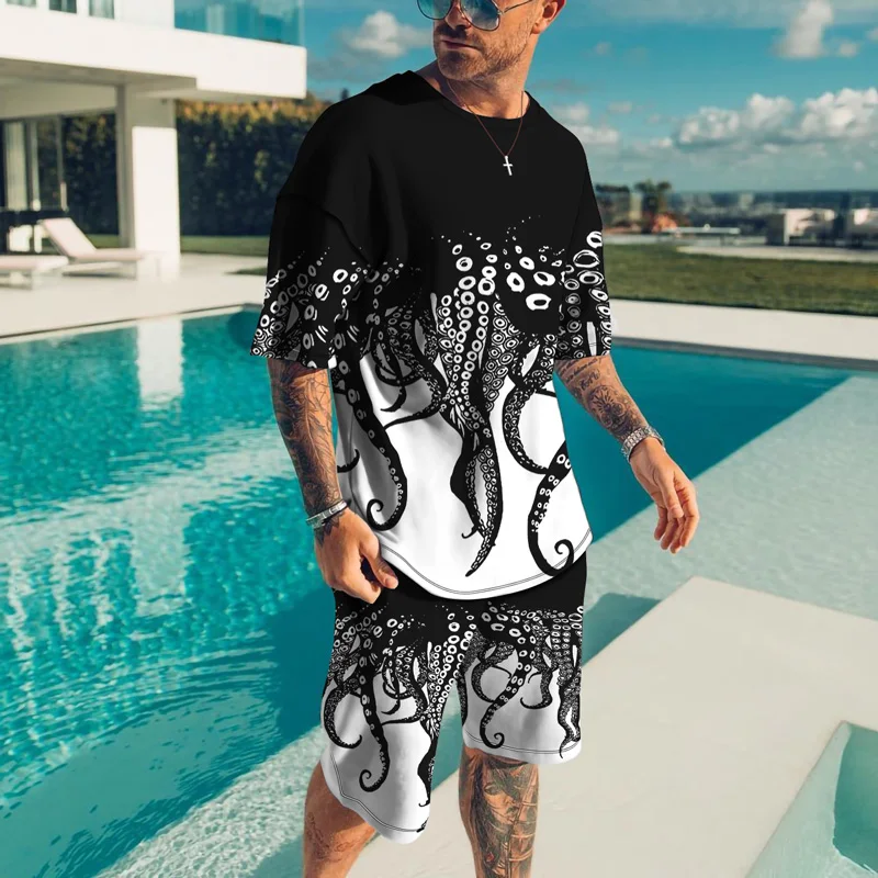 Beach Casual Octopus Foot Print Men's Suit Oversized T-shirt + Shorts 2 Piece Set Hip Hop Streetwear Outfits Tracksuit Set Men