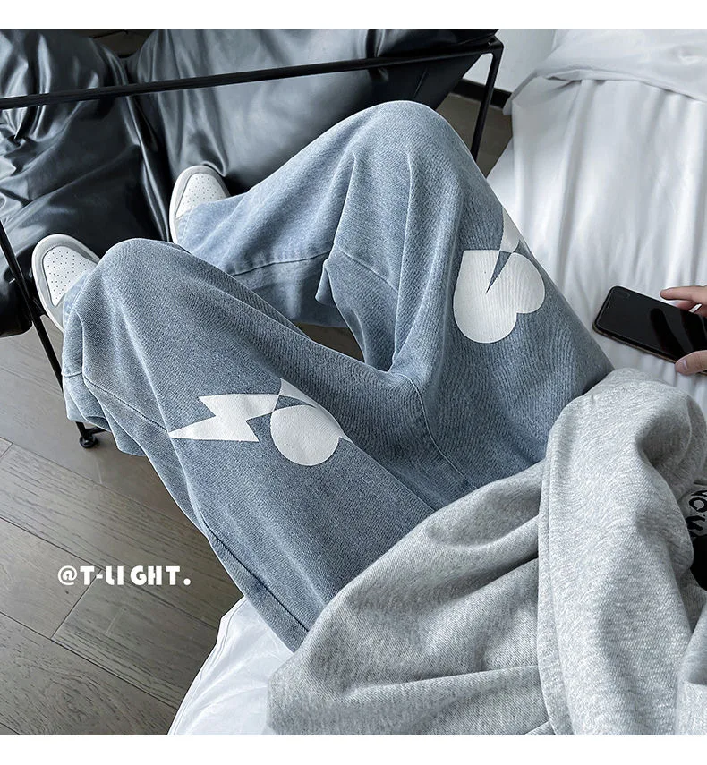 Fashion Jeans Men's Light Blue Love Print Design Sense American Hip-hop Trousers Loose Straight Leg High Street Men's Streetwear