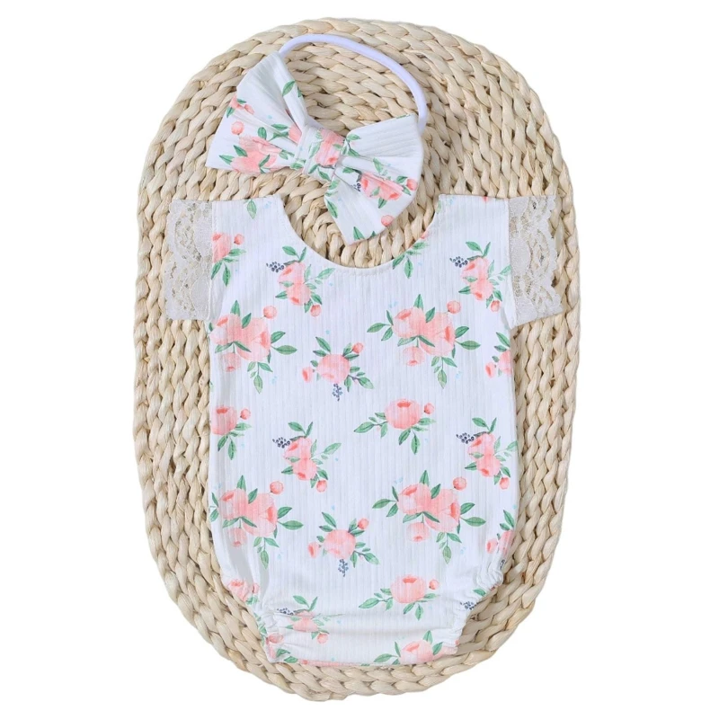 

Infant Photo Shooting Props Flower Printed Baby Romper + Cute Bow Headband 2PCS