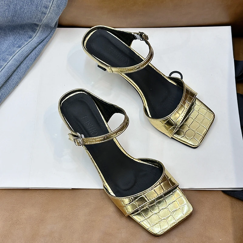 Женские туфли-мюли с квадратным носком элегантные сандалии под крокодиловую