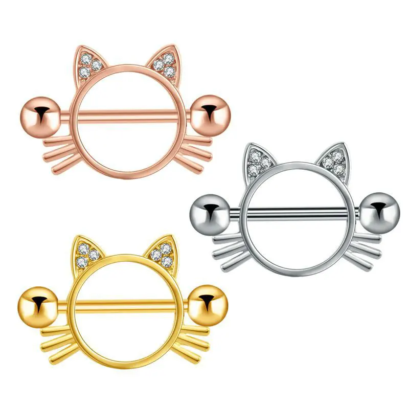 

12pcs/Lot Crystal Lovely Cat Shaped Nipple Shield Ring Stainless Steel Bar Body Piercing Jewelry