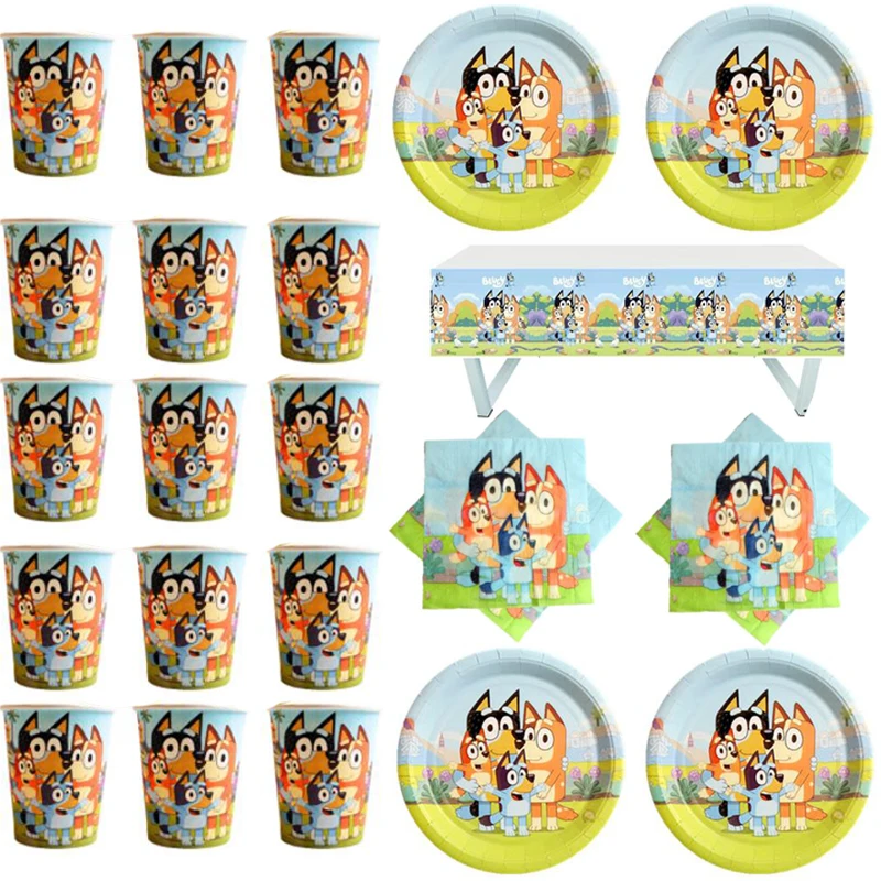 

61pcs/lot Hot Cartoon Blue Cute Dog Map Plates Dishes Kids Girls Favors Cups Napkins Tablecloth Baby Shower Decoration Supplies