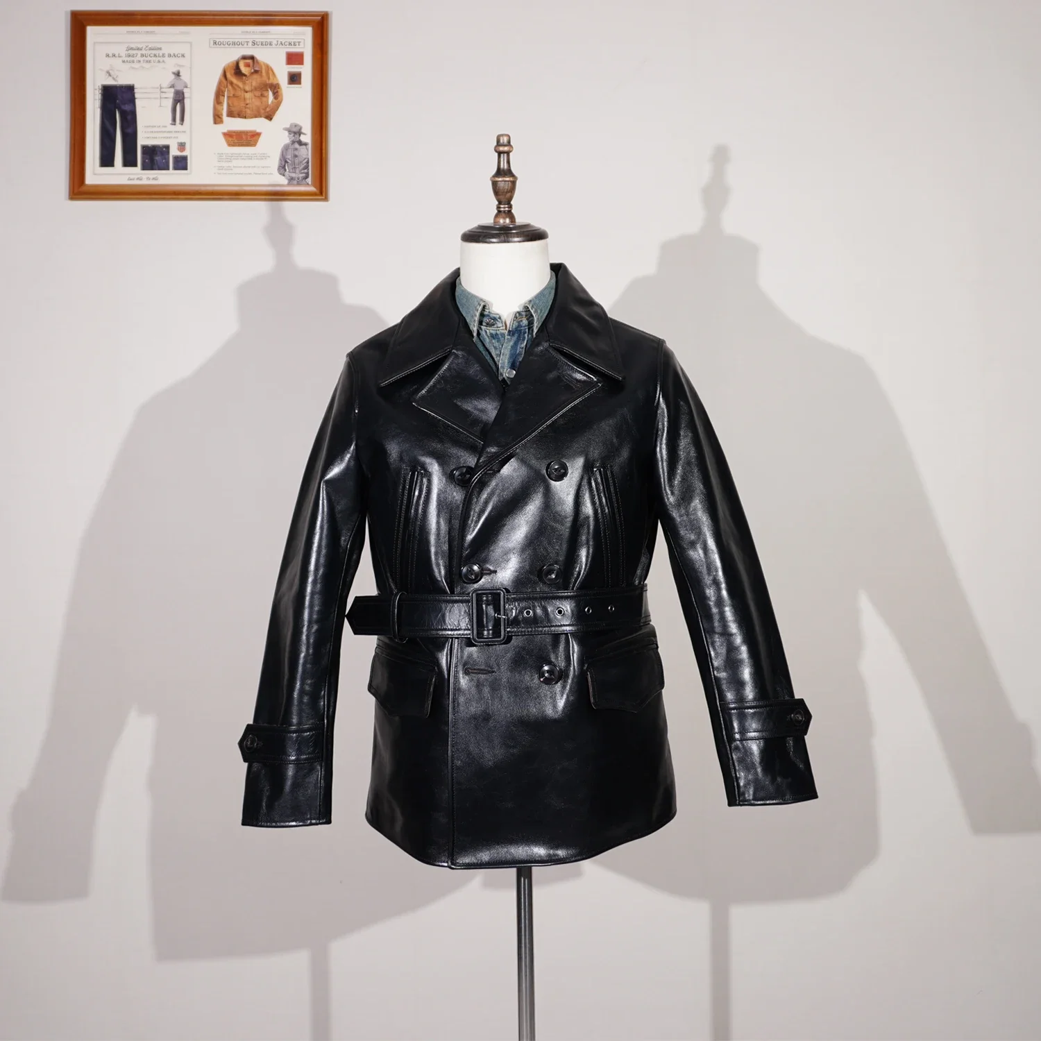 Двубортное пальто с тупой бритвой 740 кожаное из конской кожи мотоциклетная