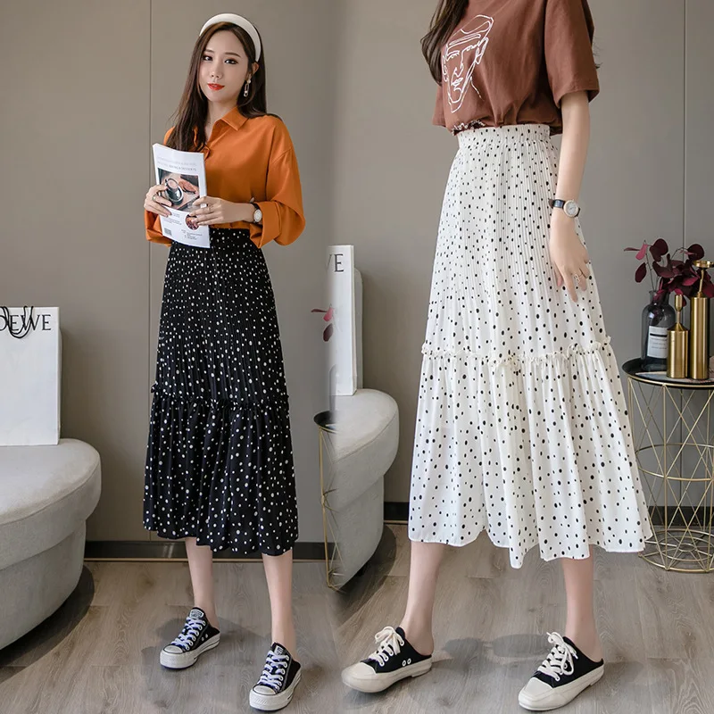

Wood Ear Stitching Chiffon Skirt Female Xia Bo Point Stitching Slim Big Swing Skirt A Word Small Fresh Medium Skirt