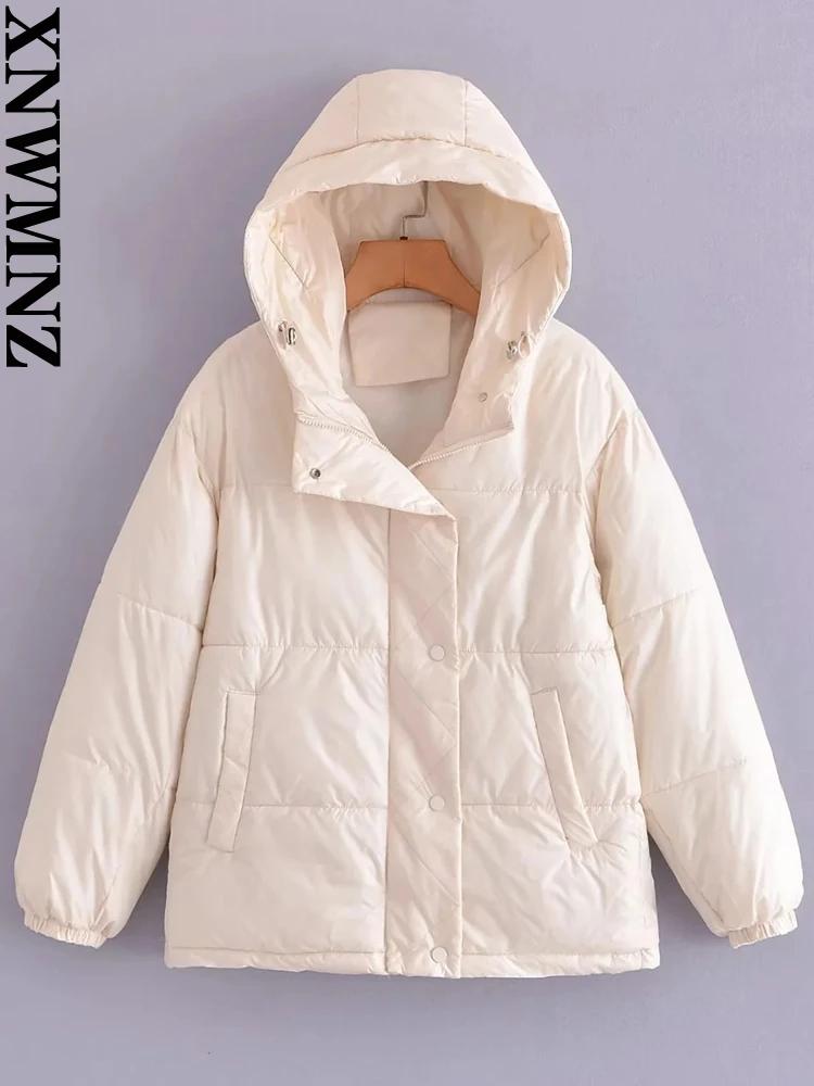 XNWMNZ 2022 Women Fashion Hooded Cotton Clothes Woman Loose Zipper Pockets Short Winter Coat Female Chic Cotton Jacket