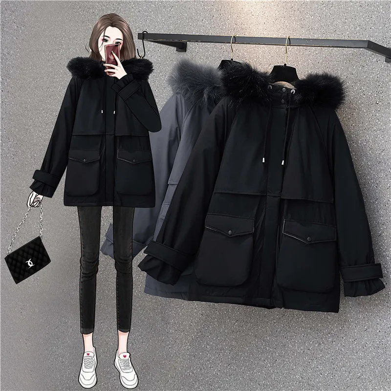 Large-size Women's Padded Clothes Big-wool Collar Workwear Jackets For Women Winter 2022 New Mid-length Loose Cotton Coat Female