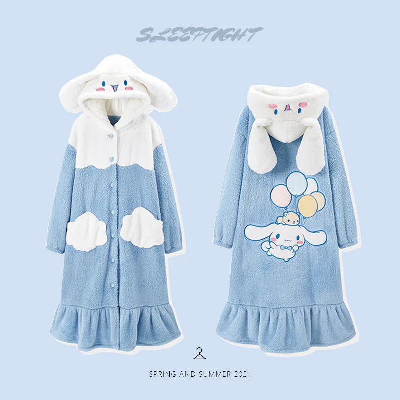 

Kawaii Sanrios Cinnamoroll Anime Cartoon Cute Pajamas Coral Fleece Thickening Nightgown Long Net Red Homewear for Girls Female