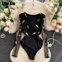 liba sin womens korean version of the new anti glare jumpsuit sexy v neck long sleeved gold leaf mesh autumn jumpsuit