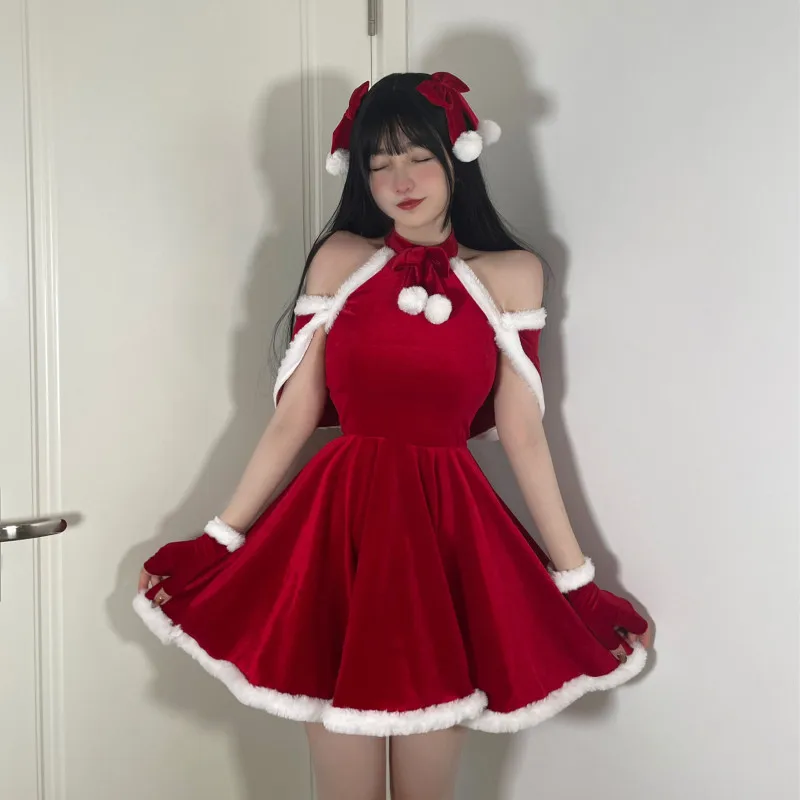 Autumn Winter Sweet Christmas Red Plush Dress Suit Women Sexy Party Mini Dress Female Kawaii New Year 4 Piece Set Cute Home Wear images - 6