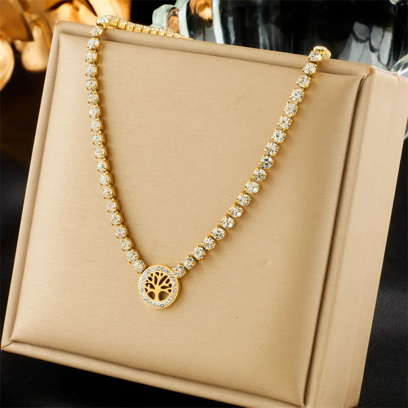 

316L Stainless Steel Circular Tree Pendant Necklace For Women Girl Fashion Luxury Zircon Crystal Chain Jewelry Gift Dropshipping