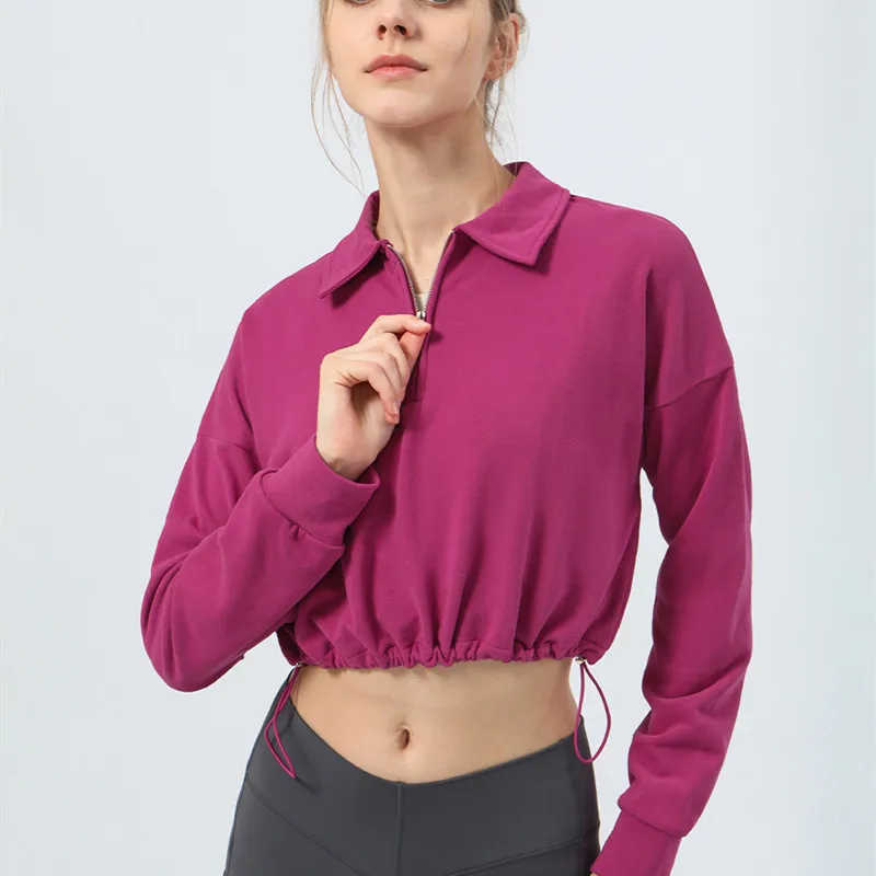 

Свободные рубашки-поло на молнии для йоги и фитнеса, женская укороченная Толстовка для тренировок в тренажерном зале, дышащие топы с регулируемым шнурком