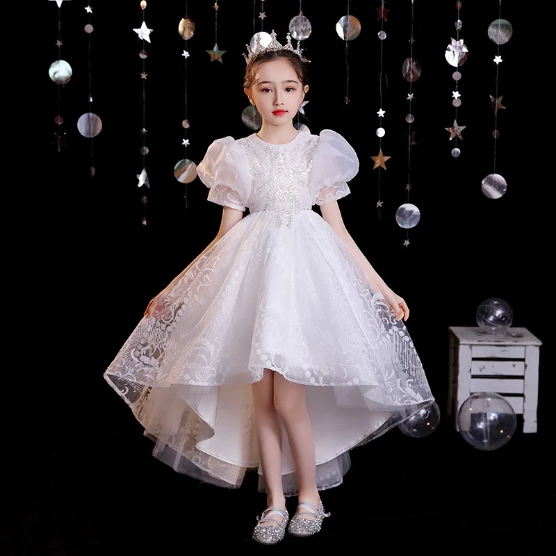 

Flower Girl White Embroidery Fluffy Dress Children Wedding Sequins Dress Girl Birthday Ball Gown Host Piano Performance Clothes