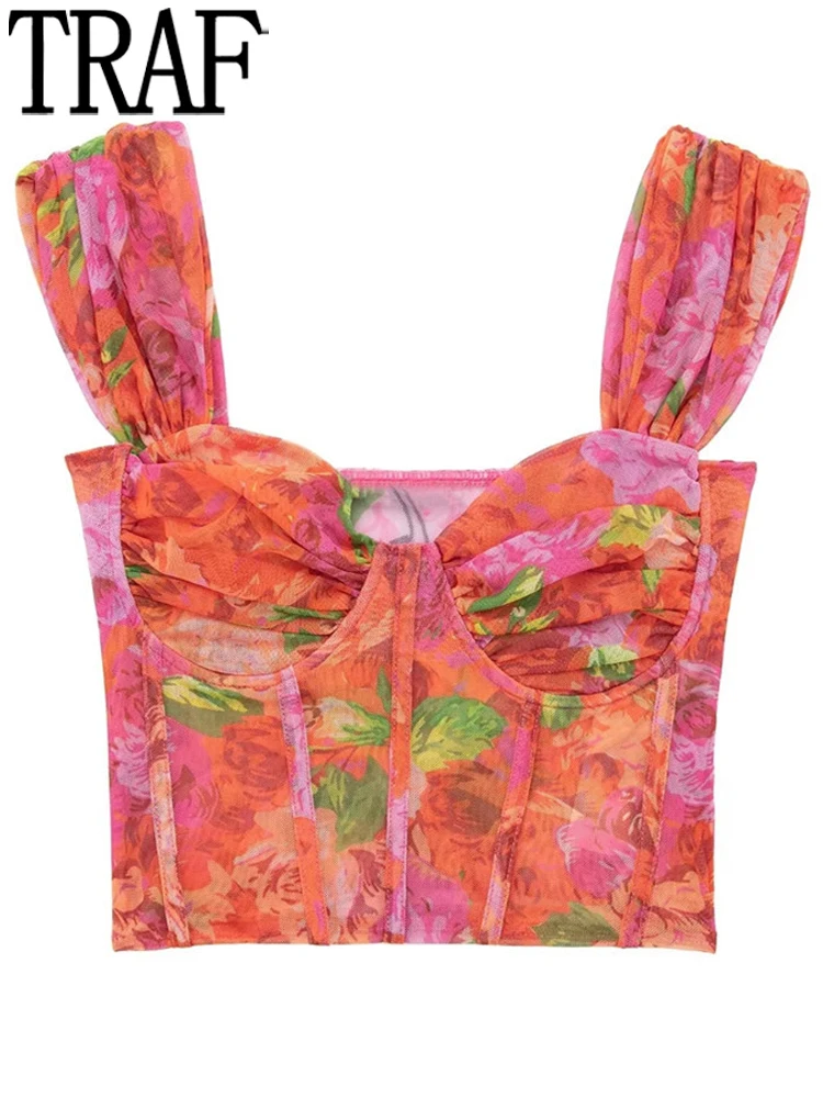 

Тюлевый корсет-топ TRAF, женский цветочный укороченный топ с открытой спиной, женские пикантные бюстье на бретельках, топы, женские пляжные то...