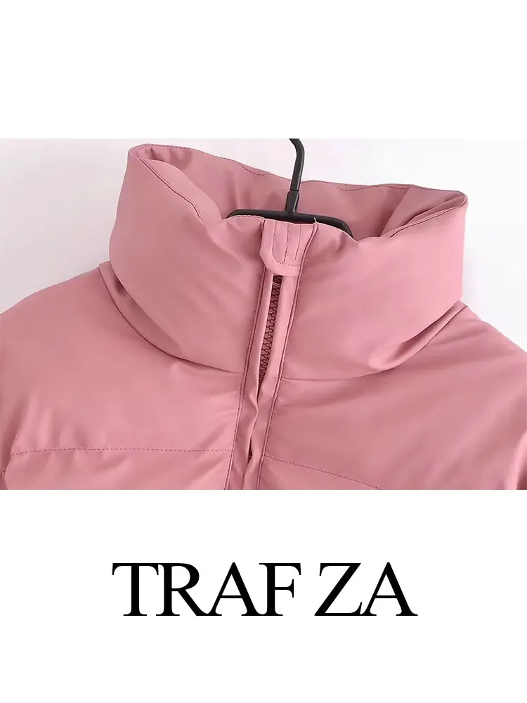 TRAF ZA 2022 Fashion Cotton Clothes Solid Color Simple Pink and Blue Premium Trend Zipper Half Turtleneck Casual Winter Jacket