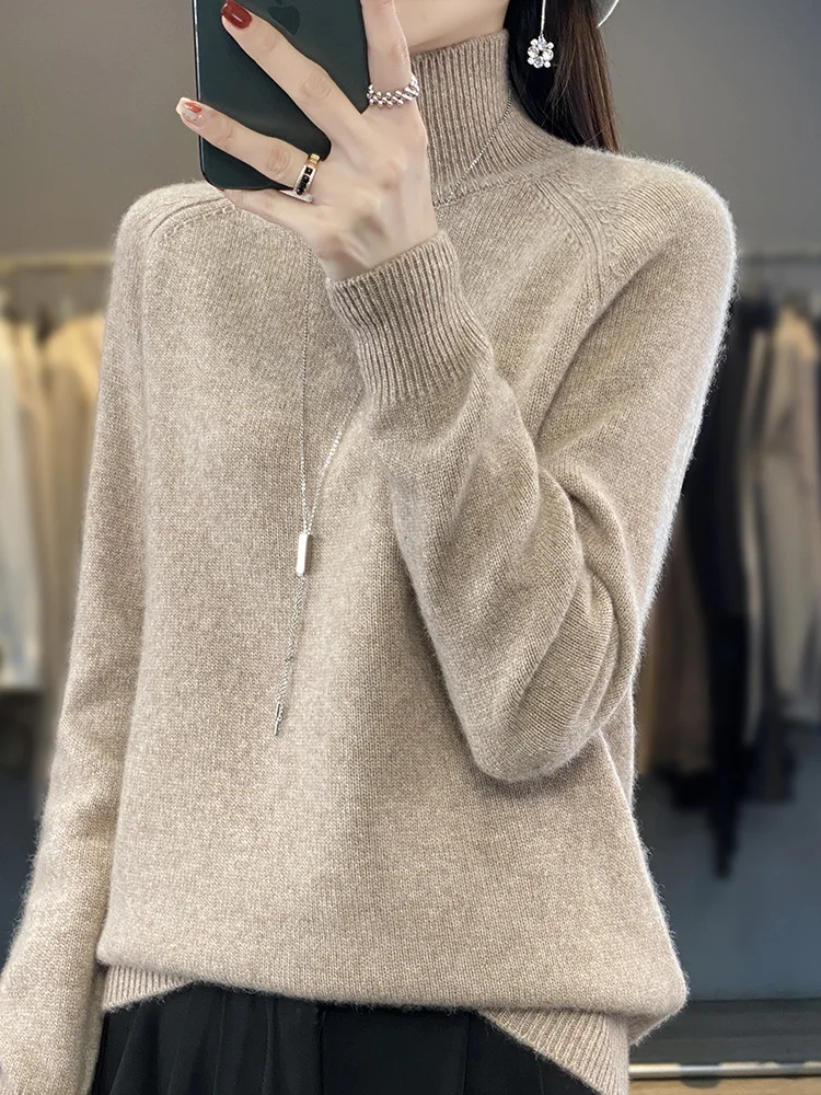 Fashion Basic Autumn Winter Merino Wool Sweater Mock Neck Cashmere Pullover Solid Color Soft Long Sleeve Clothing Tops