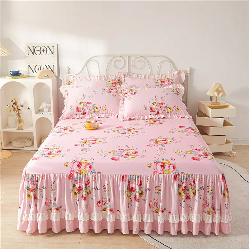

Flower Ruffled Lace Bed Skirt 100% Cotton Bed Skirt Home Bed Cover Skirt Princess Non-slip Mattress Cover Protector Bedspread