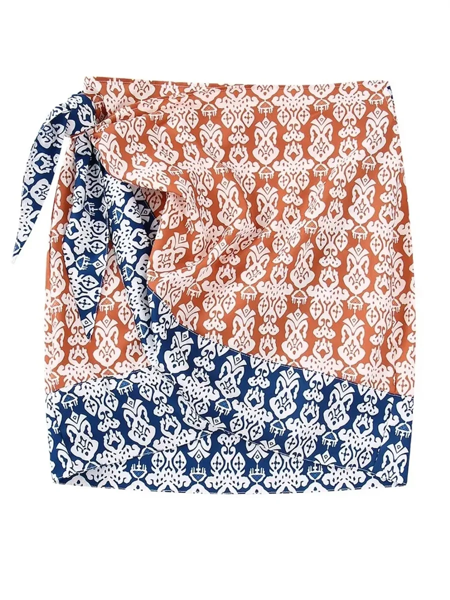 

Women Fashion Print Patchwork Sheath Mini Skirts 2022 Summer New Side Bow Tied High Waist Casual Female Falda Mujur