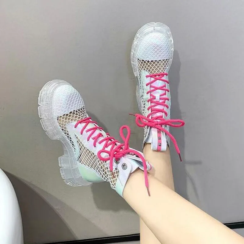 

New Summer Thick Bottom High Heels Mesh Colored Comfortable Breathable Martin Boots Pink Green Big Size 40