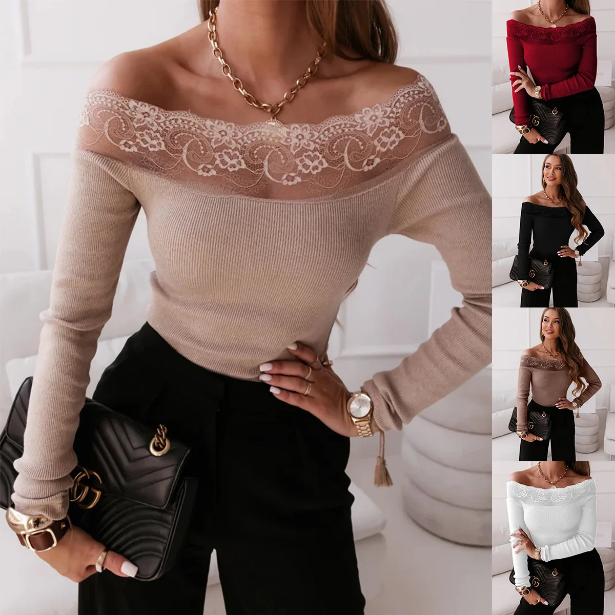 

Straight neck sexy lace splicing long sleeved sweater for women