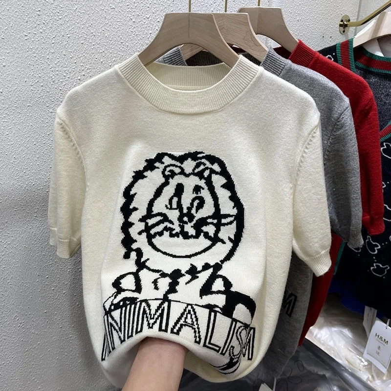 

Retro Streetwear Lion Cartoon Jacquard Knitted T Shirts White Gray Loose Office Lady Tops Summer Graphic Tee Casual Korean Trend