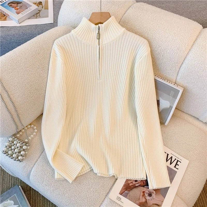 Женский вязаный свитер с воротником средней высоты на молнии утепленный длинным