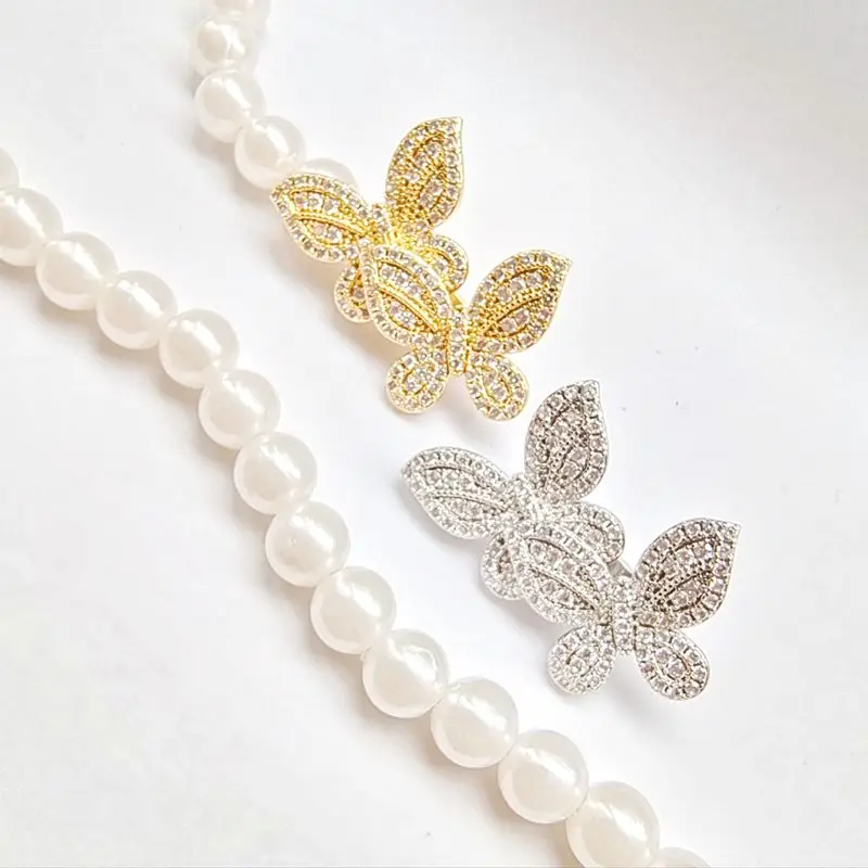 35mm X 21mm Double Butterfly Front Buckle Clip Clasp Platinum Plated And Copper Zirconia Inlay For Chain Necktie Necklace DIY