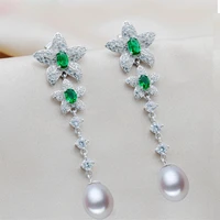 meibapj natural pearllong flower drop earrings real 925 sterling silver fine charm wedding jewelry for women