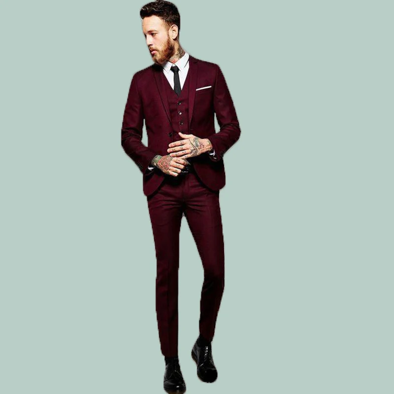 

Красивые бордовые Свадебные смокинги, приталенные костюмы для мужчин, мужской костюм для жениха, деловые костюмы из трех предметов (пиджак +...