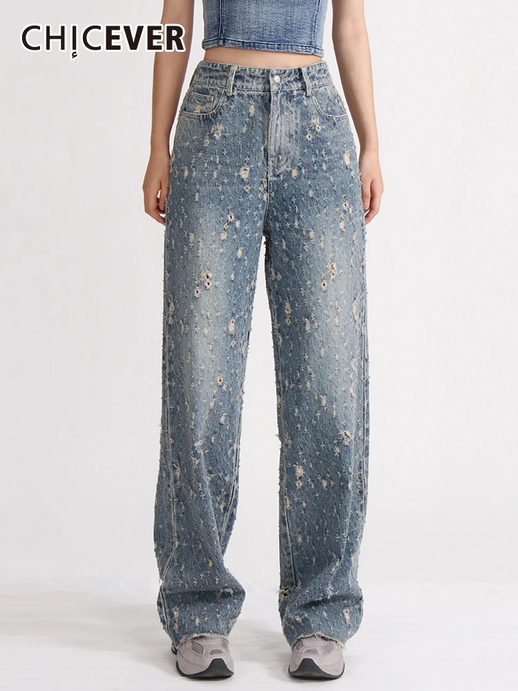 

CHICEVER Vintage Do Old Denim Pants For Women High Waist Patchwork Raw Hem Hole Hollow Summer Casual Colorblock Jeans Female New