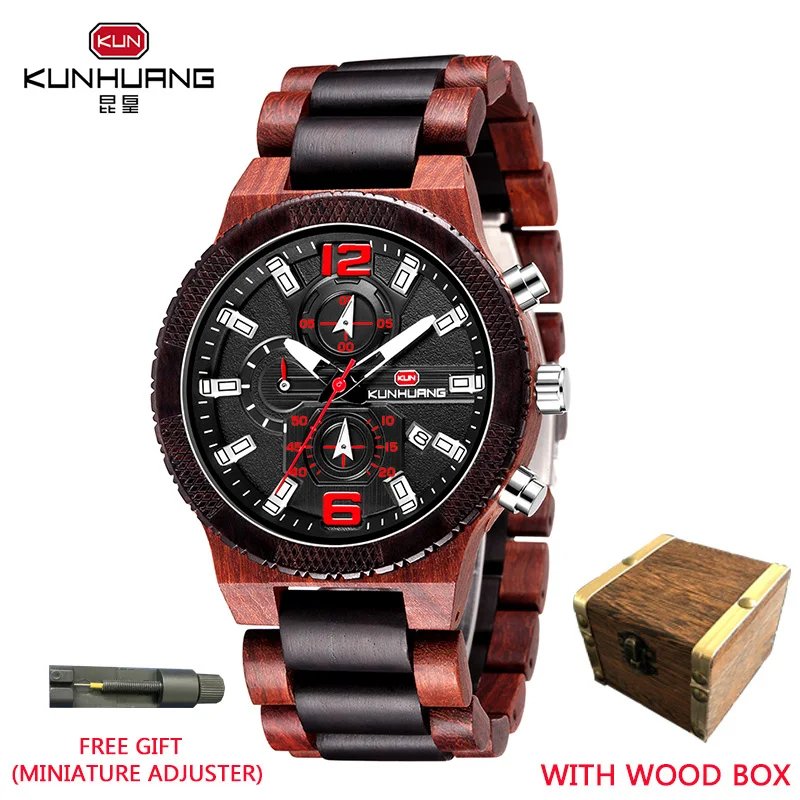

KUNHUANG Luxury Wood Stainless Steel Men Watch Stylish Wooden Timepieces Chronograph Quartz Watches relogio masculino wooden box