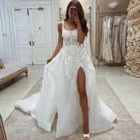 flowers appliques lace wedding dresses 2021 sexy side slit sleeveless a line backless boho princess long bridal gowns plus size