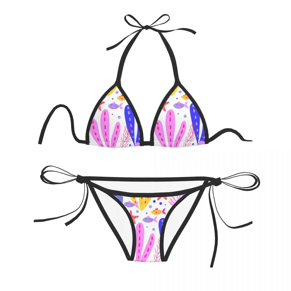 

Женский сексуальный комплект бикини, бюстгальтер пуш-ап с лямкой на шее, стринги, бразильский купальник, одежда для купания, пляжная одежда, купальник, красочные морские водоросли