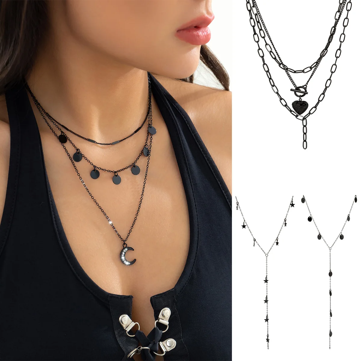 

Simple Black Star Sequin Necklace for Women Punk Style Jewelry Chain with Love Necklace Wind Zircon Necklace