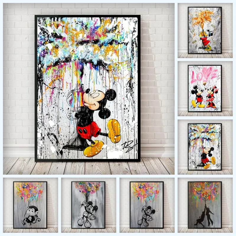 

Graffiti Disney Anime Mickey Mouse with Colors Balloon Canvas Painting Street Pop Poster Print Wall Art Picture Kid Room Decor
