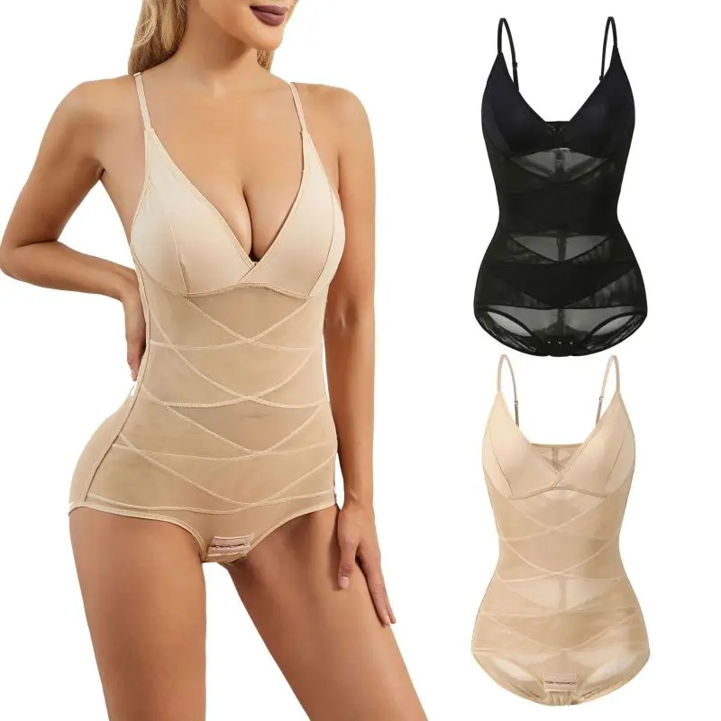 

Thin Mesh Women Bodysuits Thigh Slim Shapewear Low Back Slimmer Jumpsuit Small Large Size Sexy Black Full Body Shaper