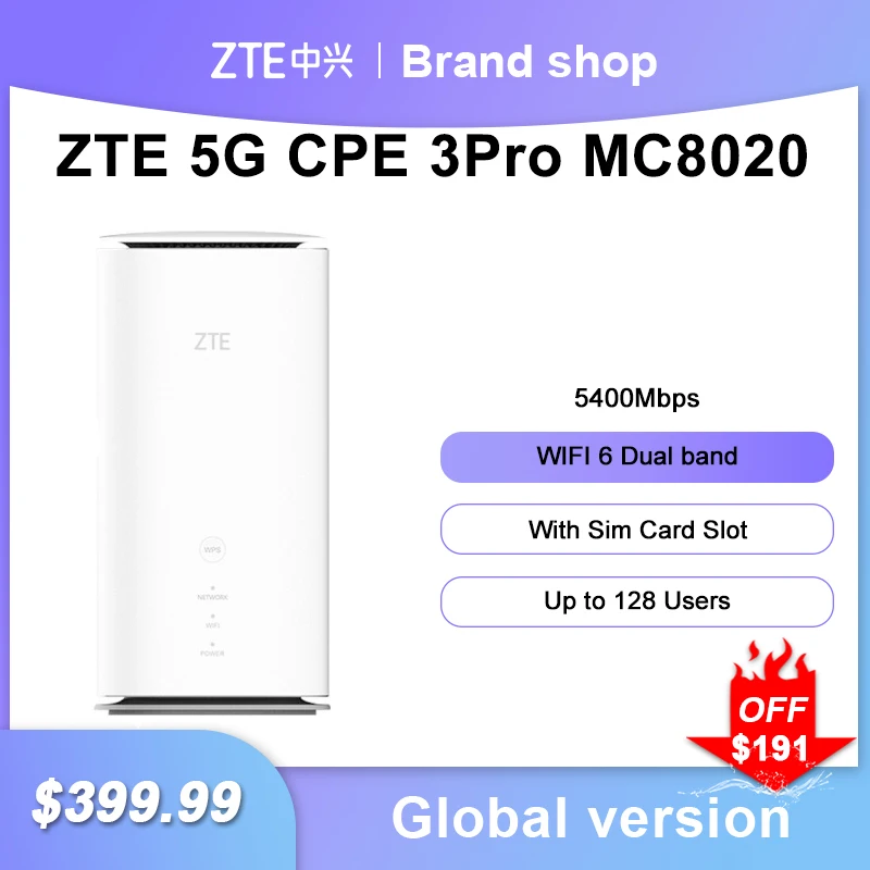 ZTE 5G CPE 3 Pro MC8020 5G Modem CPE WIFI 6 Dual Band 5400Mbps Wireless Routers With Sim Card Slot 5G 4G LTE Network MC8020