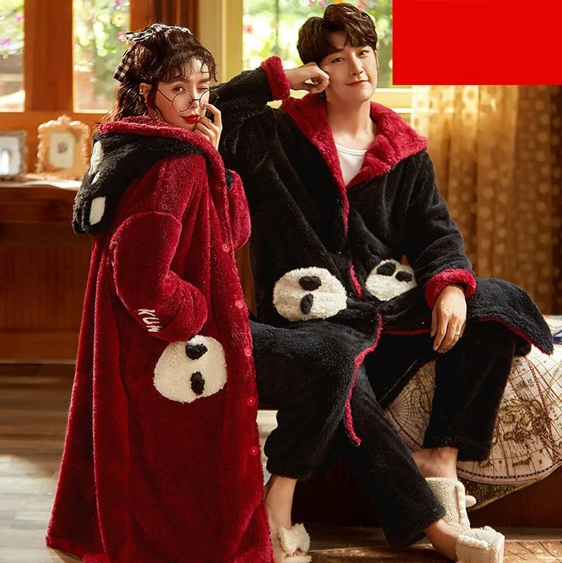 

Facecloth Robe Men's Winter Flannel Thickened Women's Long Paragraph Couples Bathrobe Coral Velvet Three Layers of Cotton