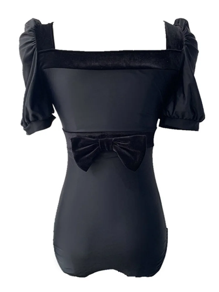 Слитный купальник с коротким рукавом Женский однотонный плиссированный