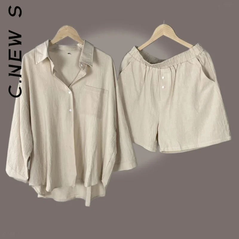 

C.New S Fashion Women Set Womens Vintage Shorts Sets Cotton Shorts Sets Two Piece Set Retro Ladies Female Women's Tracksuit Set