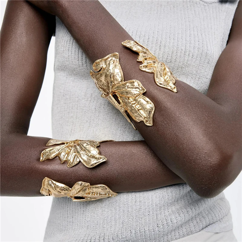 HUANZHI модный винтажный золотой цветочный лист открытый Крупный браслет для женщин